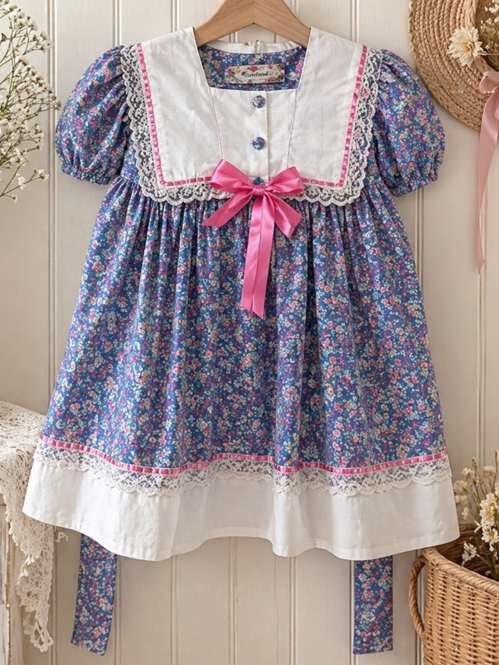 Vtg Girls Prairie Dress 3T Floral Sailor Collar Handmade Cottagecore Pink Lace